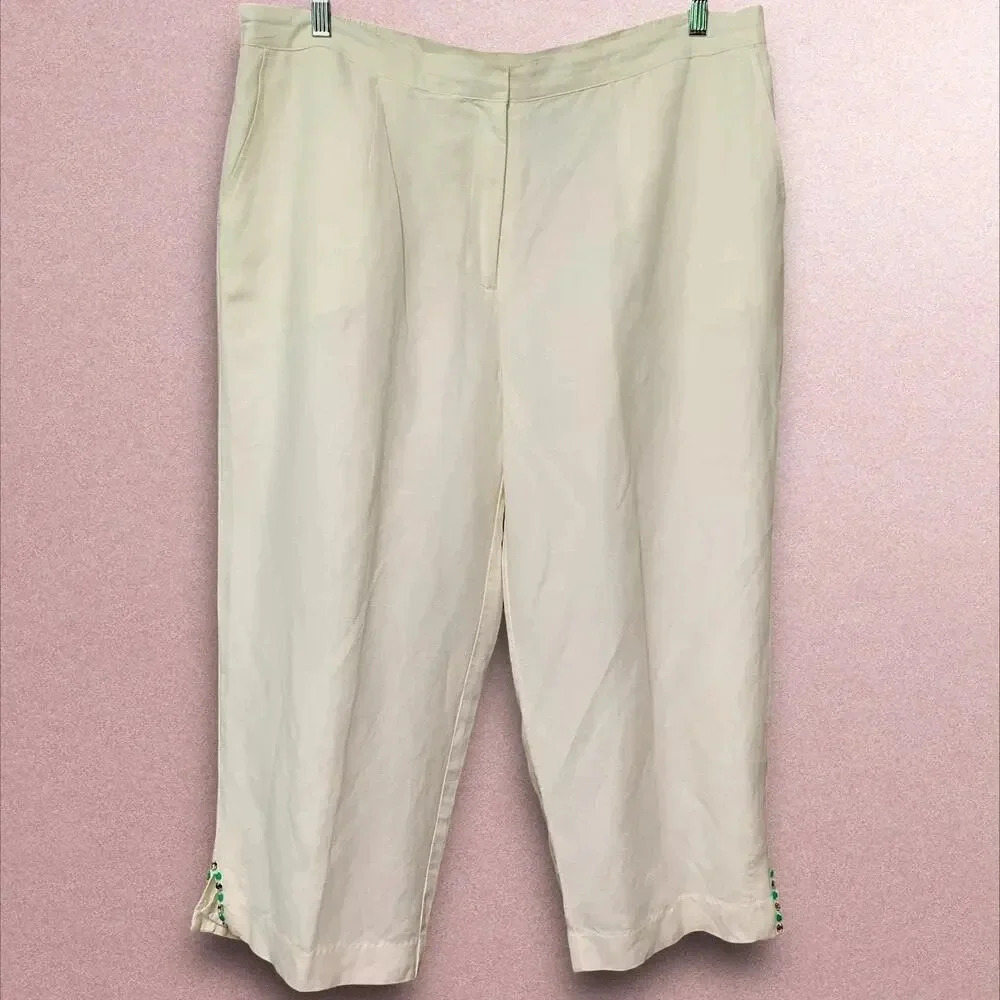 Ruby Rd Linen Blend Crop Straight Leg Pants Beaded Split Hem Plus Size 18W White